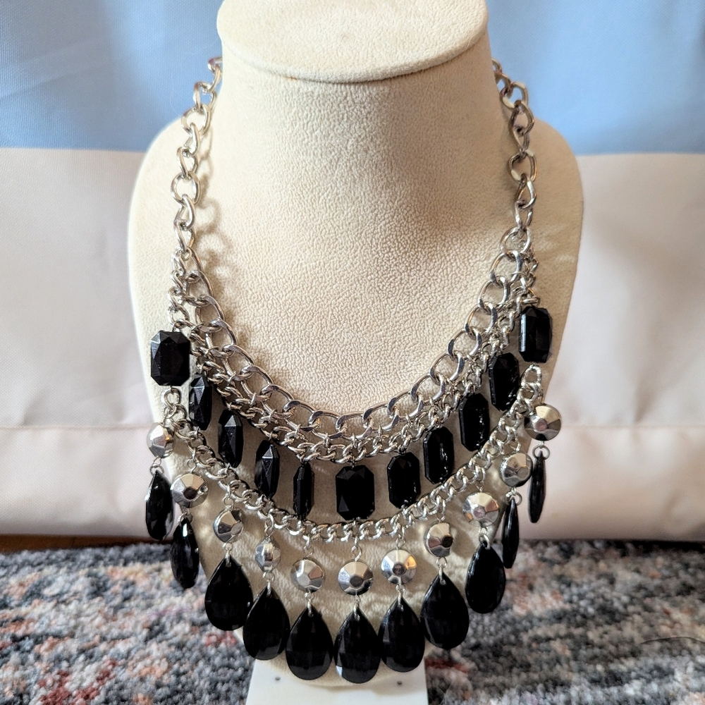 Vintage Black Silver Tone Chacha Bib Statement Necklace Whimsigoth Dark Acadamia